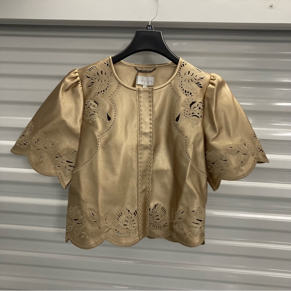 Christy Lynn Elegant Gold Blouse with Floral Cut-Outs
